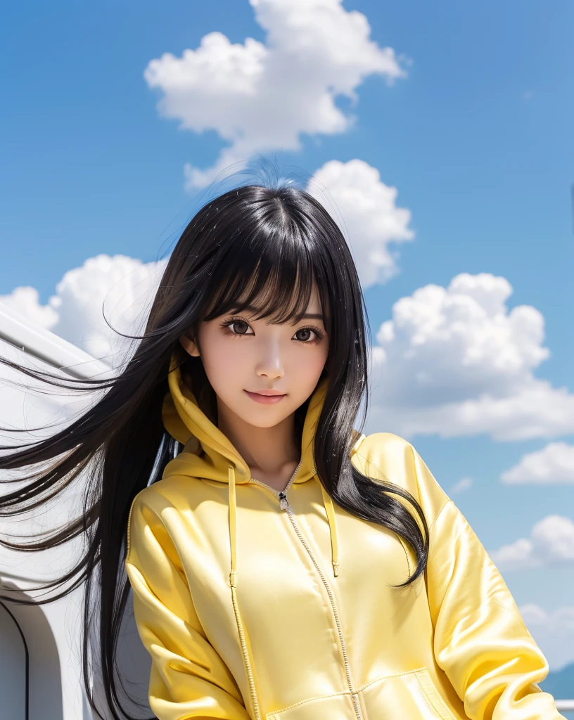 (Highest quality, 32k, High resolution, Masterpiece:1.5), marimo_jet, A girl floating 5000 meters above the ground, Beautiful Japanese Girls, An exceptionally beautiful face, Small Face Beauty, ((whole body:1.2)), Perfect Human Anatomy, Magical big eyes, Motherhood and generosity, Deep Love, fleeting smile, ((Shiny black hair:1.4)), Intricately messy super long straight silk hair, Asymmetrical bangs, Hair between the eyes, Transparent, soft white skin, Sharp eyebrows, Thin lashes, Natural Makeup, Cheek highlighter, Pale pink detailed lips, ((Yellow zip hoodie with front open:1.3)), ((Denim shorts:1.２)), High resolutionの完璧な鎖骨, High resolutionの美しい胸元, Slim figure with ample breasts, High resolutionの美しい太もも, ((Detailed sky background:1.2)), Professional Lighting, Professional photographer, Professional models, mysterious