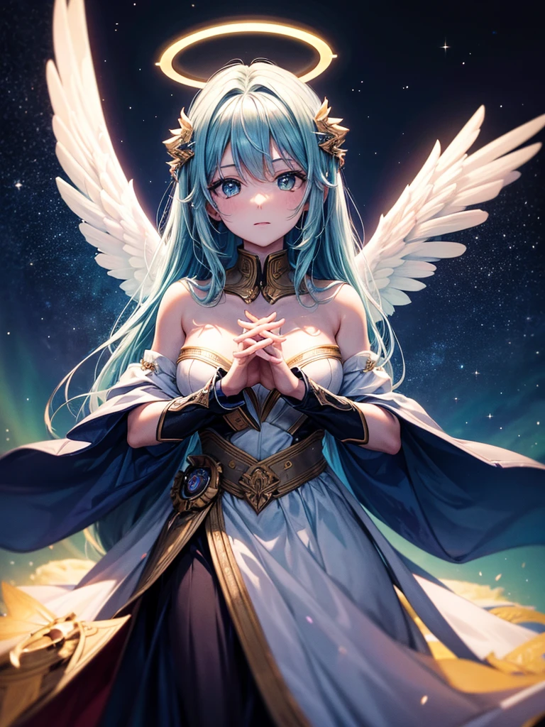 Highest quality,Highest Resolution,Sexy Angel,Aurora,Night Sky,Halo,thrust both hands forward,looking at the camera,front,whole body,