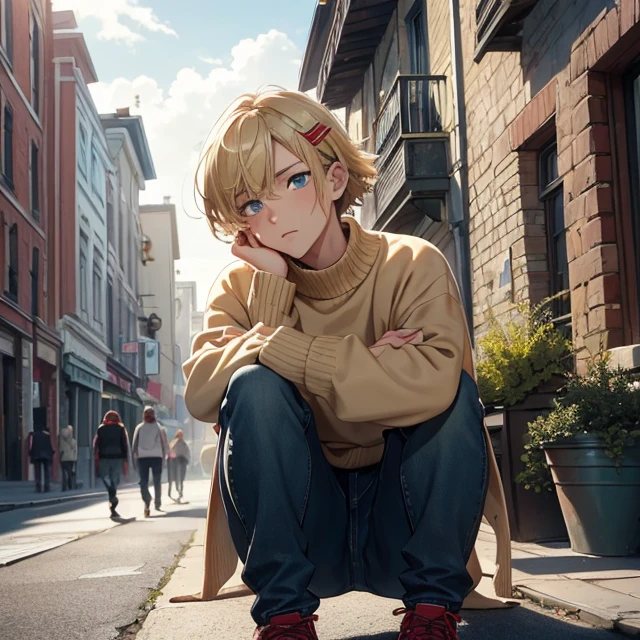 (masterpiece art, high best quality image, very detailed features)
1boy, 16 years old teenage male boy, short blonde golden hair, blonde golden eyebrows, fair skin, light blue eyes, thin lips, crying face, tears streaming from face (scarlet red sweater, blue jeans, green soccer shoes, green butterfly hairclip)
Fall on knees, feeling impotent, Ottawa Canada, city street, afternoon cloudy grey day