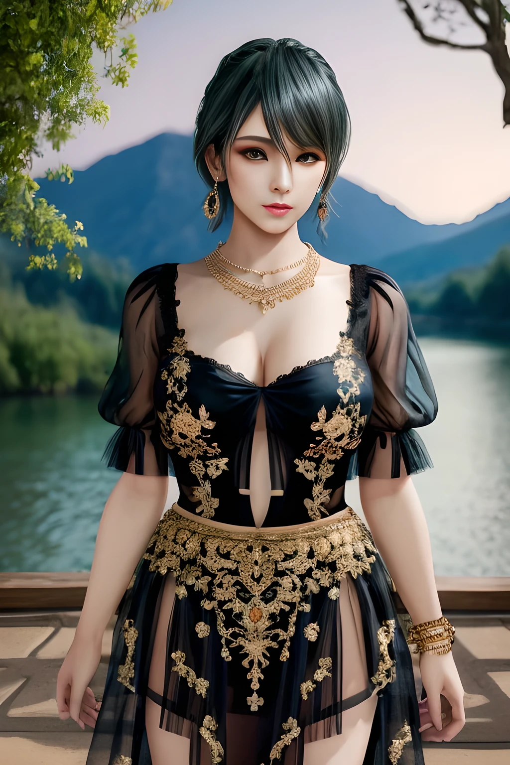 1girl,wore a black semi-transparent dress with a delicate floral pattern on the skirt. Her skirt was elegantly designed with puff sleeves and a deep V-neckline, which made her look very stylish and charming. She wore some golden accessories, including a long necklace and earrings, which added to the gorgeousness of the overall look. The background was a beautiful lake with sparkling water and green mountains and trees in the distance, showing the beauty of tranquility and nature,, beautiful detailed eyes, beautiful detailed lips, extremely detailed eyes and face, long eyelashes, best quality, 4k, 8k, highres, masterpiece, ultra-detailed, realistic, photorealistic, photo-realistic, ethereal glow, regal elegance, intricate details, luxurious, otherworldly beauty, dark atmospheric background, supernatural aura,tamaki