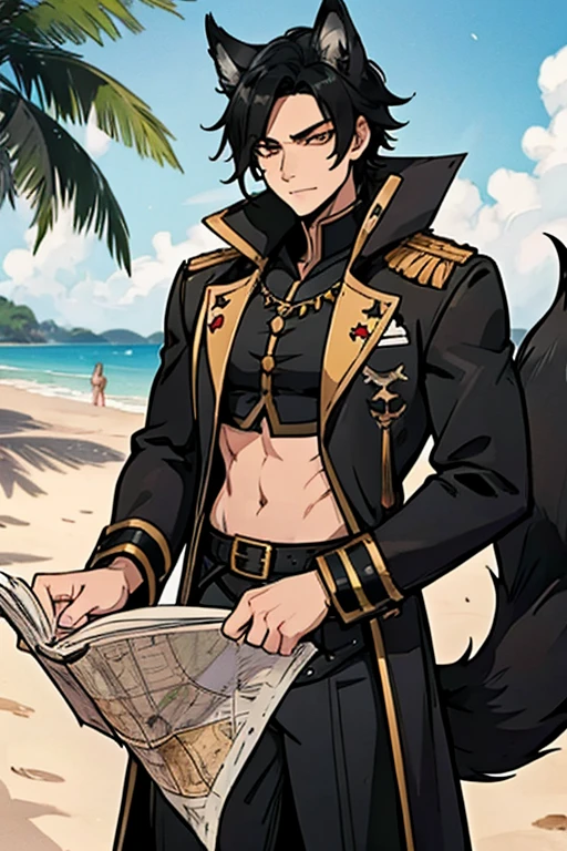 A handsome black haired foxman with golden eyes with black fox ears and a black fox tail in a pirate's uniform is reading a map on a tropical beach