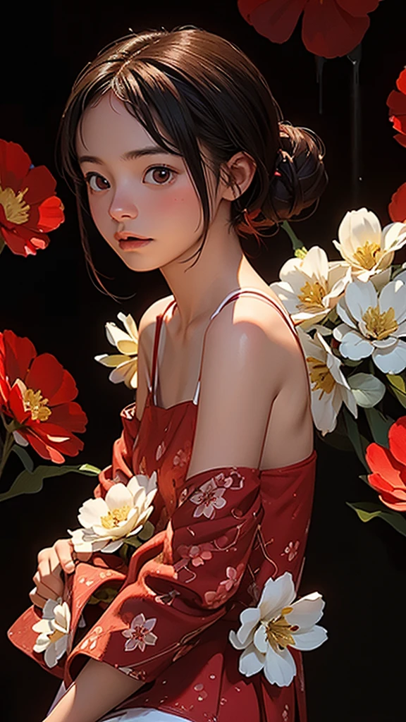 The background is a world of white flowers、Best Quality, masutepiece, High resolution, (((1girl in))), sixteen years old,brown Eyes、Dark red dress、((Dark red floral dress)), Tindall Effect, Realistic, Shadow Studio, dual-tone lighting, (High Detail Skins: 1.2) Digital SLR, Photo, High resolution, 4K, 8K, Background blur,Fade out beautifully、