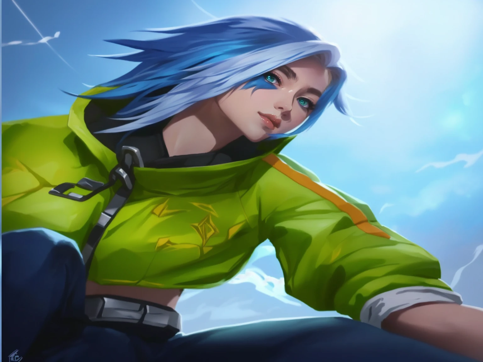 a close up of a person with blue hair and a green jacket, female lucio, lucio as a woman, rogue anime girl, fubuki, kda, katana zero video game character, g liulian art style, artgerm jsc, echo from overwatch, portrait knights of zodiac girl, lucio from overwatch, as overwatch character