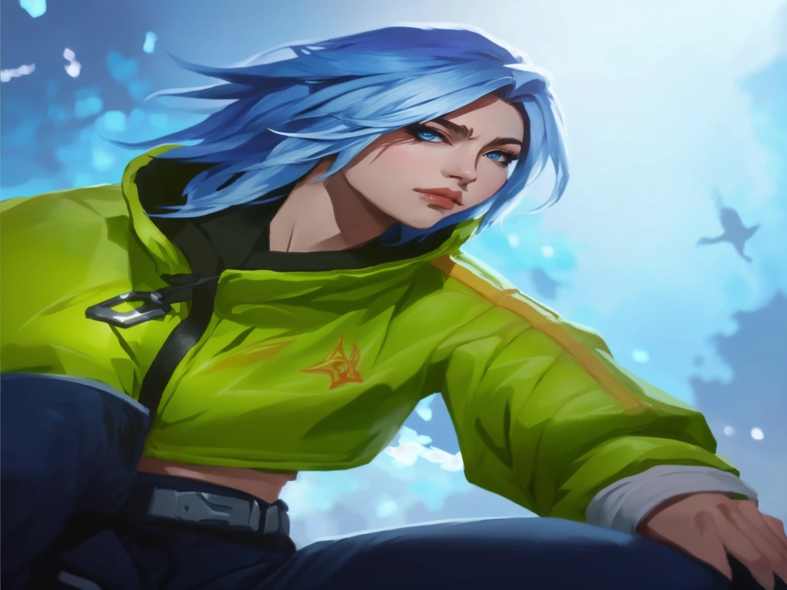 a close up of a person with blue hair and a green jacket, female lucio, lucio as a woman, rogue anime girl, fubuki, kda, katana zero video game character, g liulian art style, artgerm jsc, echo from overwatch, portrait knights of zodiac girl, lucio from overwatch, as overwatch character