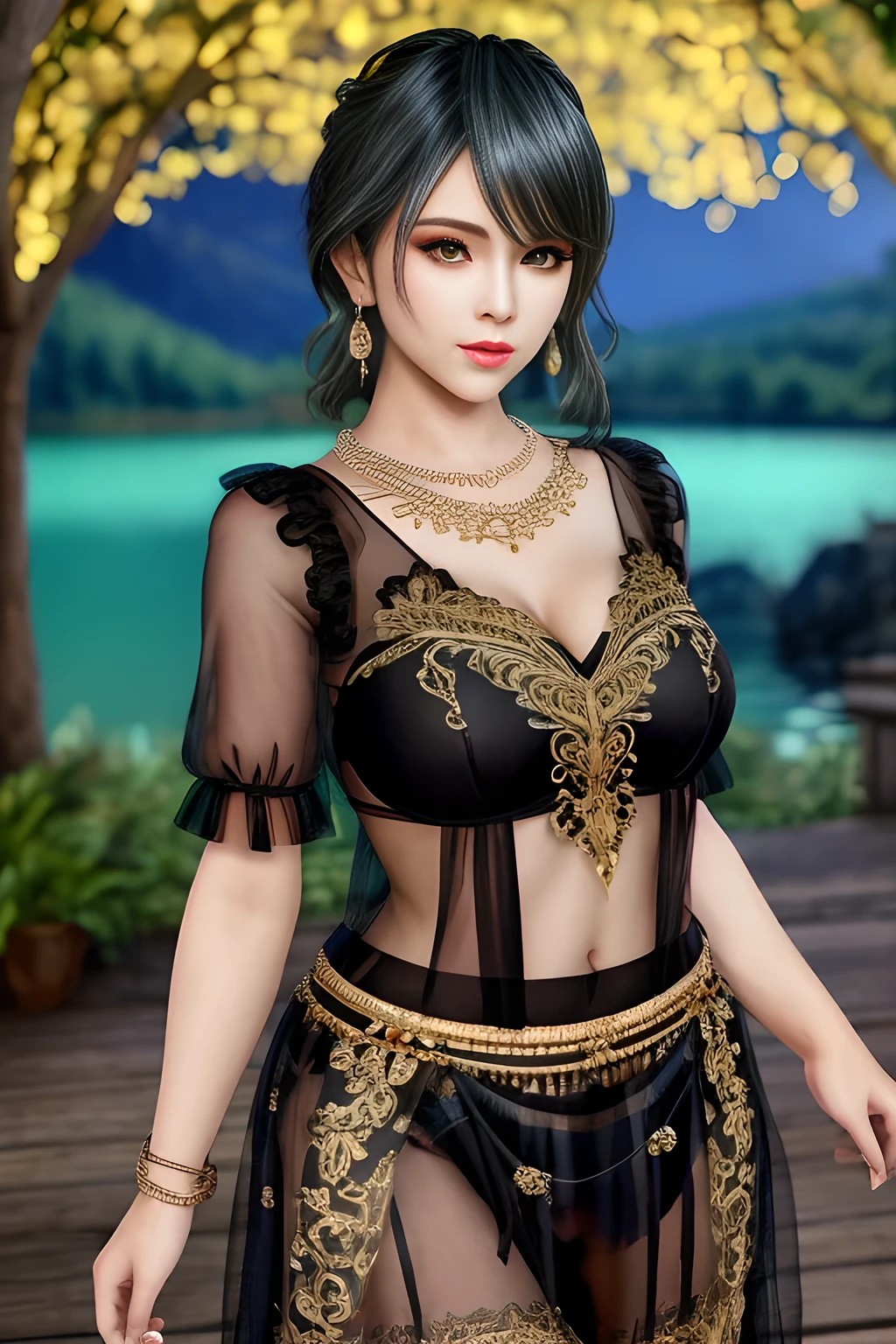 1girl,wore a black semi-transparent dress with a delicate floral pattern on the skirt. Her skirt was elegantly designed with puff sleeves and a deep V-neckline, which made her look very stylish and charming. She wore some golden accessories, including a long necklace and earrings, which added to the gorgeousness of the overall look. The background was a beautiful lake with sparkling water and green mountains and trees in the distance, showing the beauty of tranquility and nature,, beautiful detailed eyes, beautiful detailed lips, extremely detailed eyes and face, long eyelashes, best quality, 4k, 8k, highres, masterpiece, ultra-detailed, realistic, photorealistic, photo-realistic, ethereal glow, regal elegance, intricate details, luxurious, otherworldly beauty, dark atmospheric background, supernatural aura,tamaki