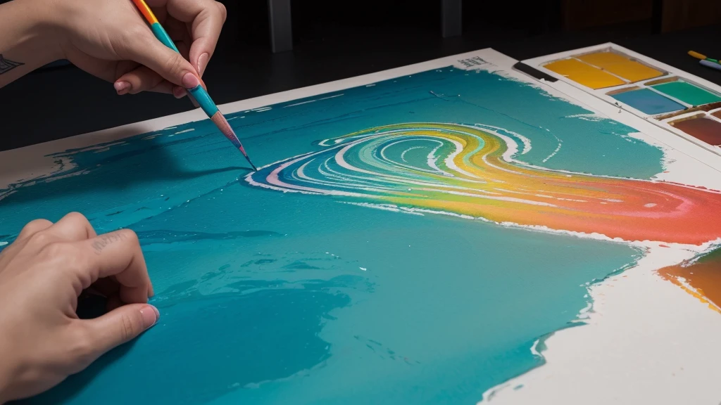 ((zoom in) Create a scene of a large ocean of colored paints simulating tattoos illuminated with neon by drawing the title Ai in the sky, ai my love