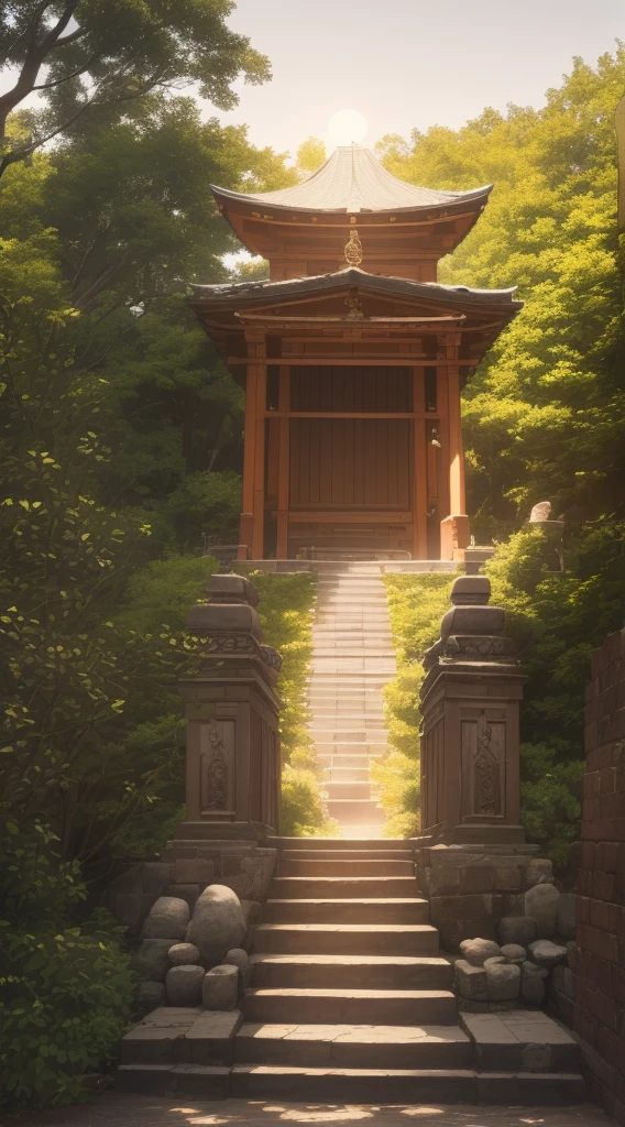 (Masterpiece, best quality, 8K, high res, ultra-detailed: 1.5)There is an old staircase leading to a shrine with stone lanterns on the side, beautiful summer komorebi and the contrast between sun and shadow is truly beautiful. It is a beautiful and detailed landscape with noise processing by 8KHDR.