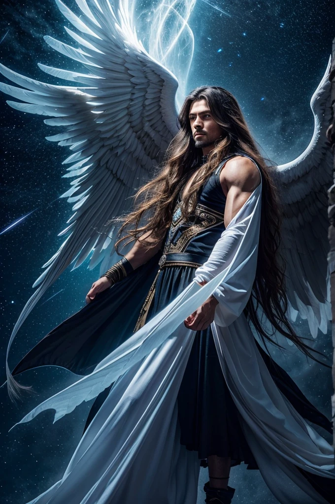 Male angel with long hair, big wings, aura, flowing clothes, mystical, divine, dark sky, light focusing on the angel.