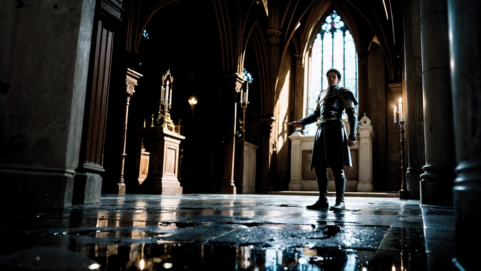 Fisheye Lens, Portrait of a medieval knight standing in a Gothic church, Wet Stone, puddle, Infinite Vault, Bloodborne infection, Dramatic Light, Modest, Candlelight