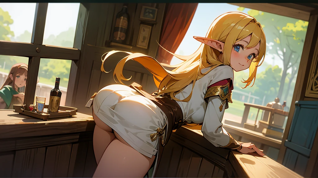 Anime Style,Nostalgic,Detailed background,The medieval world,A lively bar with lots of people,A beautiful bard elf girl looking back at me,Protruding buttocks