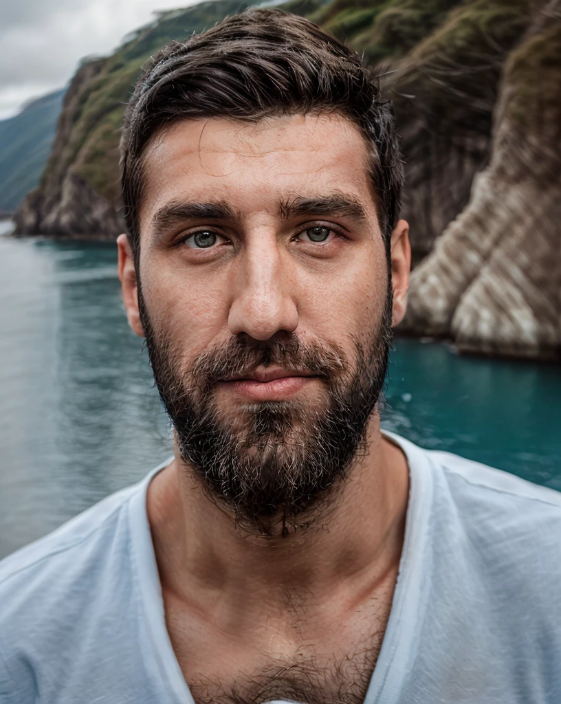 breathtaking selfie (Fares Fares) on a cliff, Fjords in background, award winning, professional, studio light, natural lighting, 4k uhd, dslr, soft lighting, high quality, Fujifilm XT3