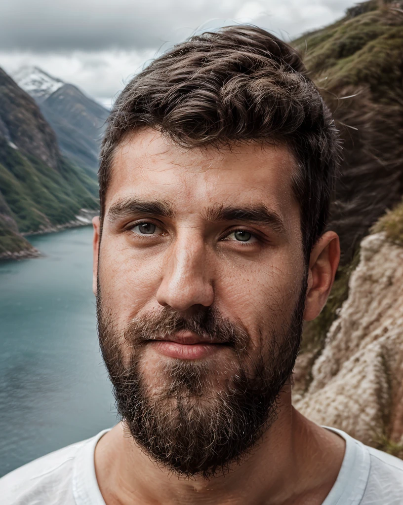 breathtaking selfie (Fares Fares) on a cliff, Fjords in background, award winning, professional, studio light, natural lighting, 4k uhd, dslr, soft lighting, high quality, Fujifilm XT3