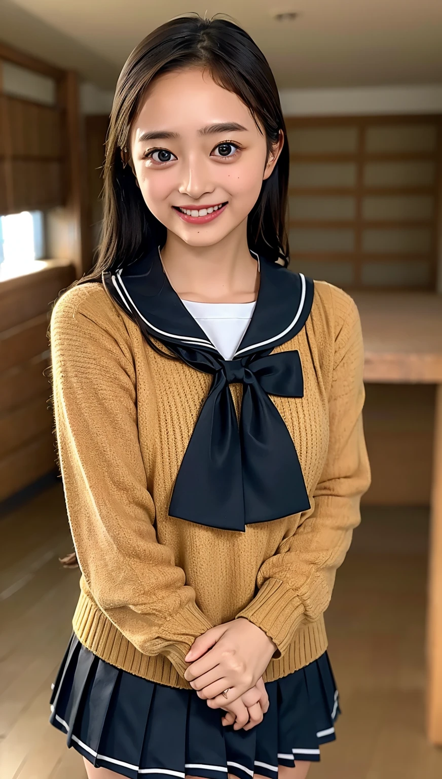 ((cowboy shot)),Ultra-high resolution,big eyes,((brown eyes)),Japanese,(forehead),(a girl),(1 girl),((17 years old)),(cute),pretty,((facing at viewer)),arms behind back,grin,((black school sailor uniform)),pleated skirt,thighs,classroom