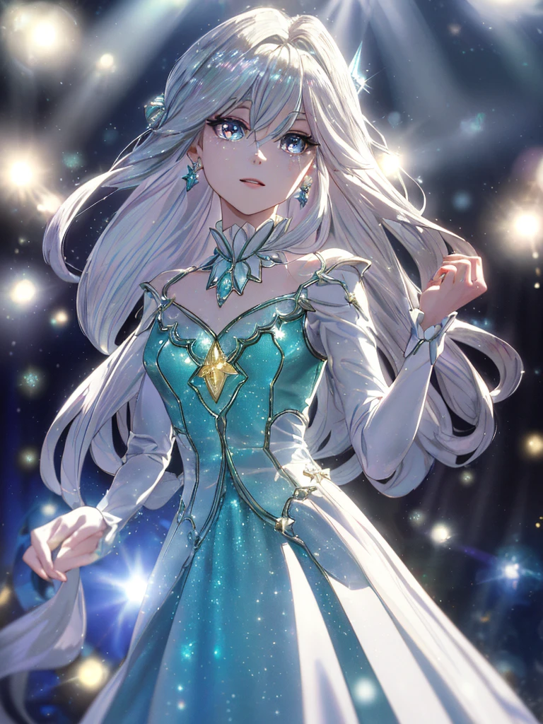 masterpiece, highest quality, figure, alexandrite eyes and hair, platinum earrings, Platinum Necklace, white dress, The Little Mermaid, cute, (dynamic lighting:1.2), cinematic lighting, delicate features, fine eyes, sharp pupils, realistic student, Depth of bounds written, Bokeh, sharp focus, (very detailed, bloom, shine:1.4), Many Small Gems