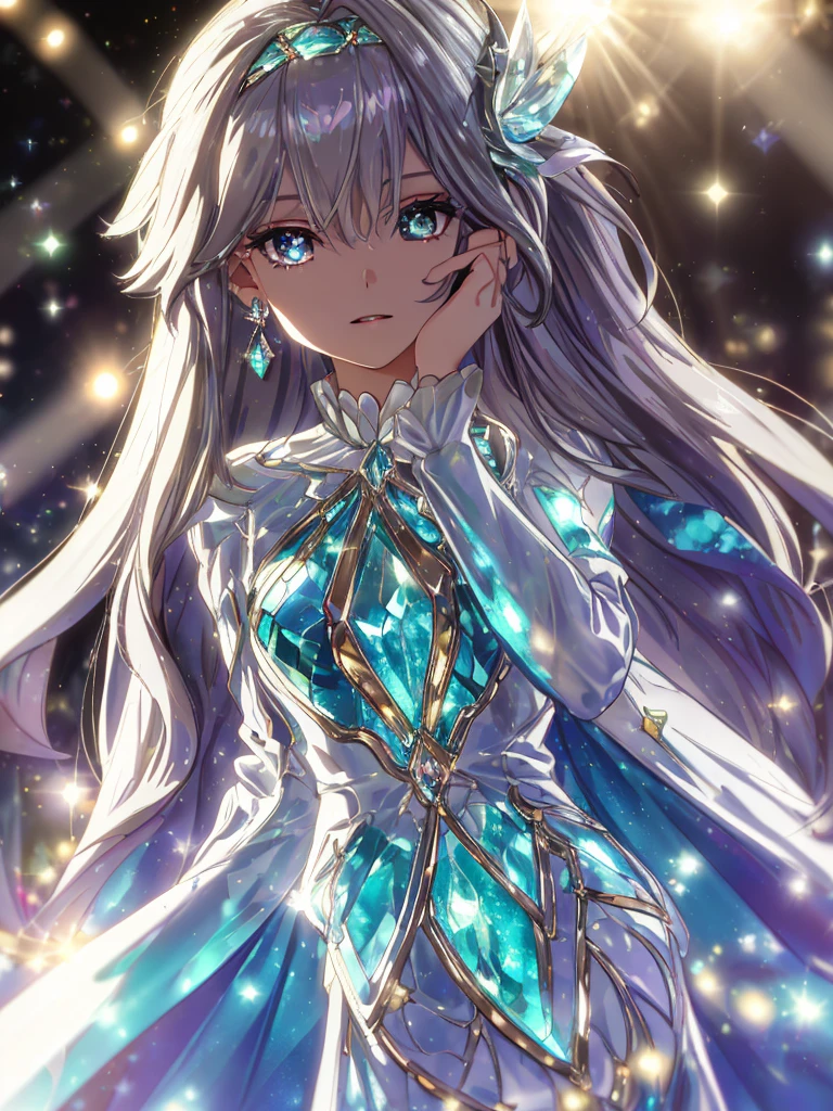 masterpiece, highest quality, figure, alexandrite eyes and hair, platinum earrings, Platinum Necklace, white dress, The Little Mermaid, cute, (dynamic lighting:1.2), cinematic lighting, delicate features, fine eyes, sharp pupils, realistic student, Depth of bounds written, Bokeh, sharp focus, (very detailed, bloom, shine:1.4), Many Small Gems