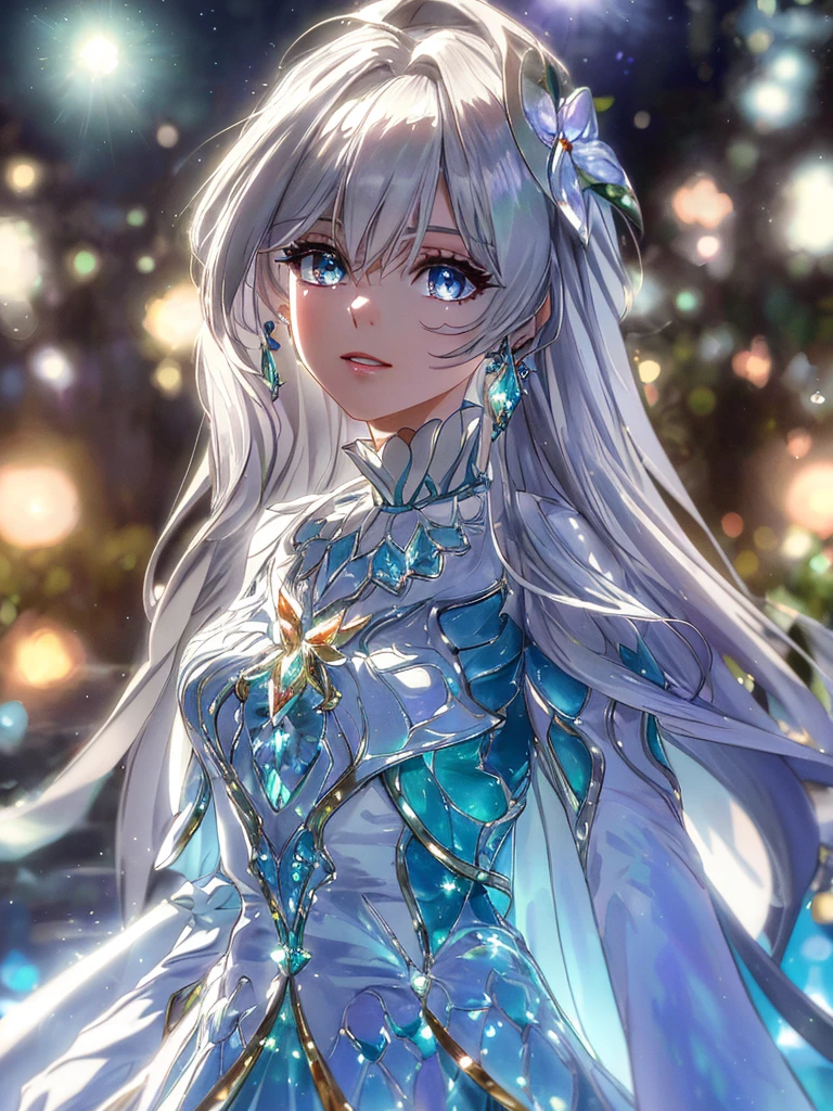 masterpiece, highest quality, figure, alexandrite eyes and hair, platinum earrings, Platinum Necklace, white dress, The Little Mermaid, cute, (dynamic lighting:1.2), cinematic lighting, delicate features, fine eyes, sharp pupils, realistic student, Depth of bounds written, Bokeh, sharp focus, (very detailed, bloom, shine:1.4), Many Small Gems