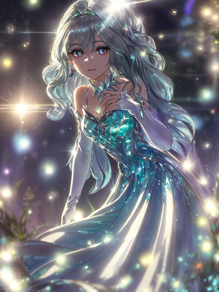 masterpiece, highest quality, figure, alexandrite eyes and hair, platinum earrings, Platinum Necklace, white dress, The Little Mermaid, cute, (dynamic lighting:1.2), cinematic lighting, delicate features, fine eyes, sharp pupils, realistic student, Depth of bounds written, Bokeh, sharp focus, (very detailed, bloom, shine:1.4), Many Small Gems