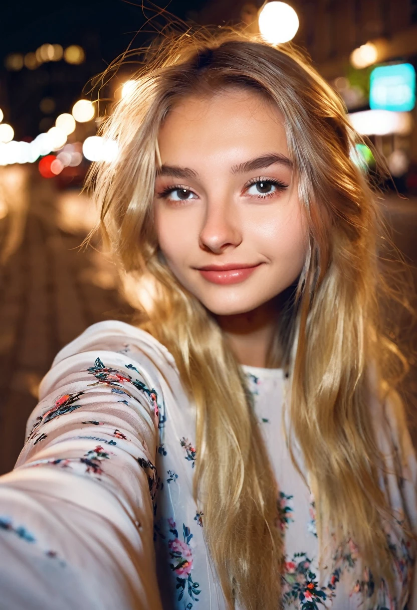 Cute blonde girl 19 years old, (((taking a selfie))), on the street, night, smiling, sexy hairstyle, sexy little blouse, hair in the wind in her face