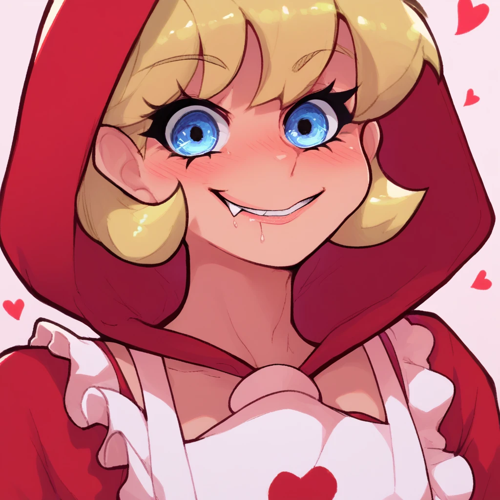 score_9, score_8_up, score_7_up, score_6_up, score_5_up, score_4_up, bulleta,blonde hair, little red riding hood (grimm) (cosplay),red dress,red hood, evil, crazy smile, looking at viewer, upper body,heart, apron,