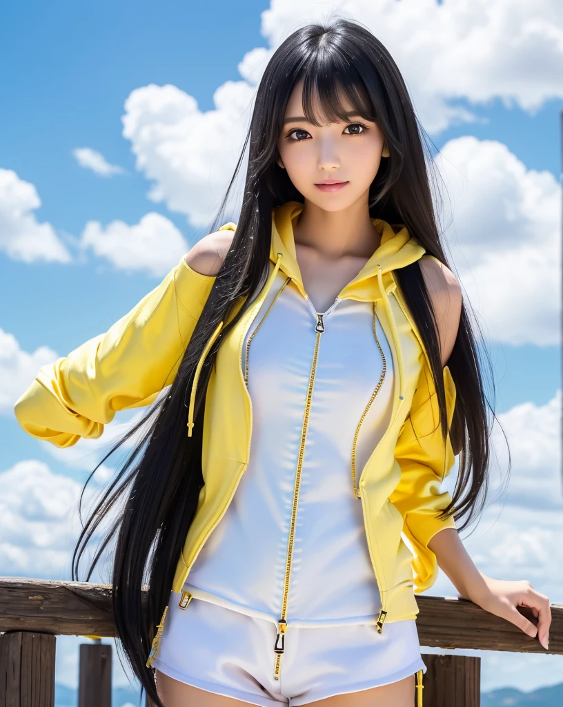 (Highest quality, 32k, High resolution, Masterpiece:1.5), marimo_jet, A girl floating 5000 meters above the ground, Beautiful Japanese Girls, An exceptionally beautiful face, Small Face Beauty, ((whole body:1.2)), Perfect Human Anatomy, Magical big eyes, Motherhood and generosity, Deep Love, fleeting smile, ((Shiny black hair:1.4)), Intricately messy super long straight silk hair, Asymmetrical bangs, Hair between the eyes, Transparent, soft white skin, Sharp eyebrows, Thin lashes, Natural Makeup, Cheek highlighter, Pale pink detailed lips, ((Yellow zip hoodie with front open:1.3)), ((White tank top:1.2)), ((Denim shorts:1.2)), High resolutionの完璧な鎖骨, High resolutionの美しい胸元, Slim figure with ample breasts, High resolutionの美しい太もも, ((Detailed sky background:1.2)), Professional Lighting, Professional photographer, Professional models, mysterious