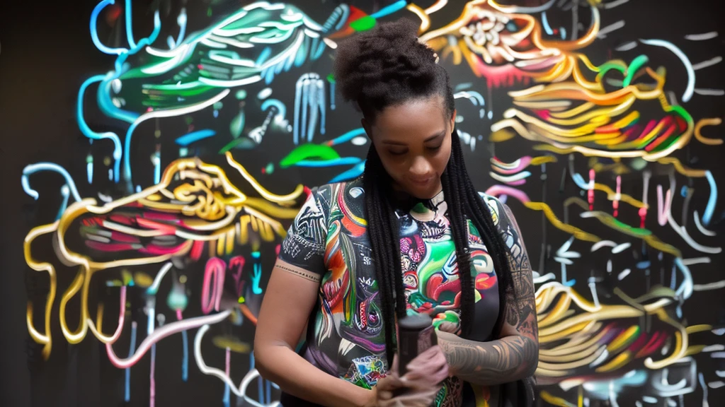((zoom in) Create a scene of a large wall painted with colorful paints simulating tattoos illuminated with neon by drawing the title Ai, ai my love