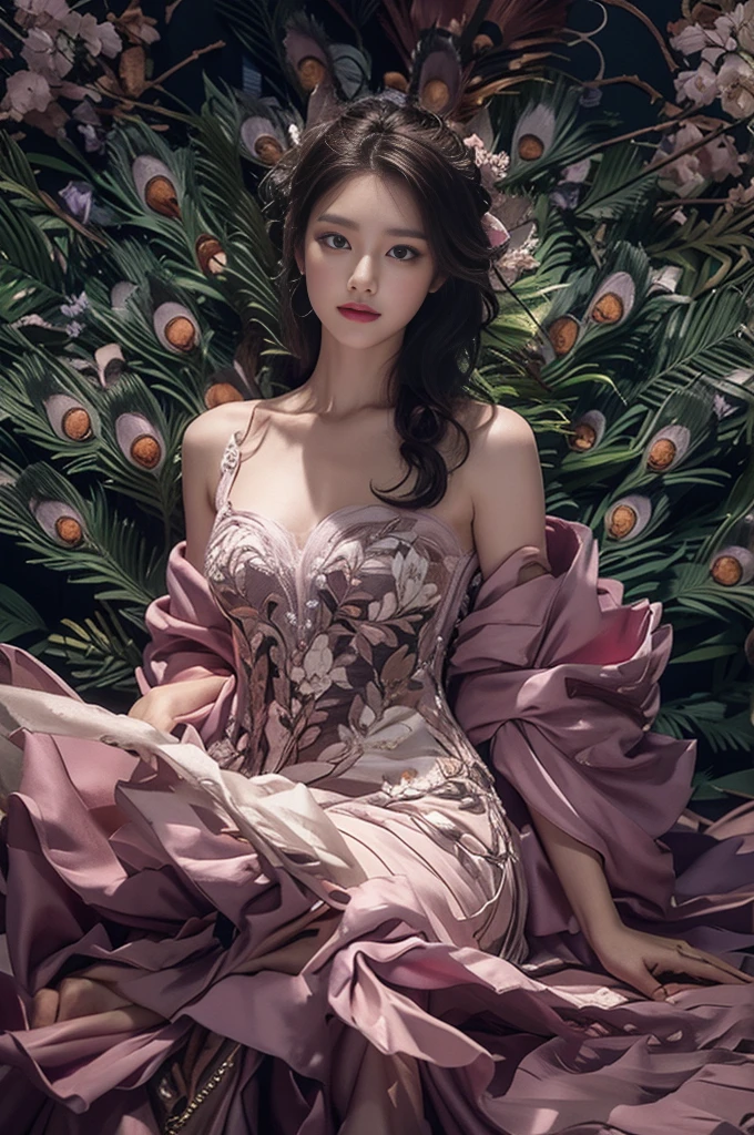 Chinese woman against light white wall background, flowing hair, delicate face, Realistic, Honest, slim, Open, wearing light purple dress, Round neck dress, off-the-shoulder dress, tight dress, black belt, with necklace,