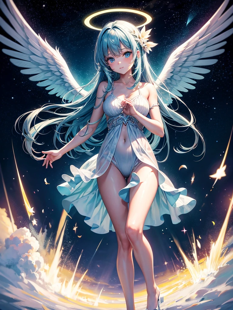 Highest quality,Highest Resolution,Sexy Angel,Aurora,Night Sky,Halo,thrust both hands forward,looking at the camera,front,whole body,