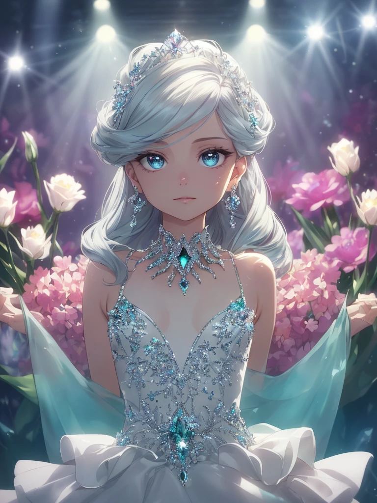 masterpiece, highest quality, figure, alexandrite eyes and hair, platinum earrings, Platinum Necklace, white dress, The Little Mermaid, cute, (dynamic lighting:1.2), cinematic lighting, delicate features, fine eyes, sharp pupils, realistic student, Depth of bounds written, Bokeh, sharp focus, (very detailed, bloom, shine:1.4), Many Small Gems