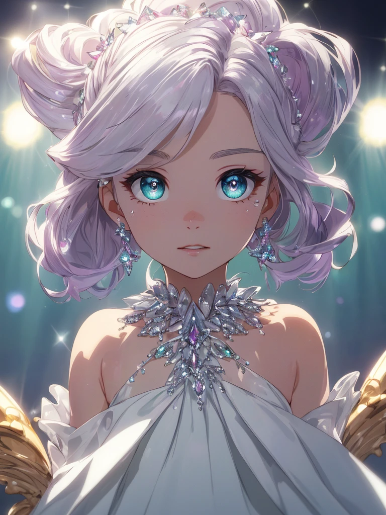 masterpiece, highest quality, figure, alexandrite eyes and hair, platinum earrings, Platinum Necklace, white dress, The Little Mermaid, cute, (dynamic lighting:1.2), cinematic lighting, delicate features, fine eyes, sharp pupils, realistic student, Depth of bounds written, Bokeh, sharp focus, (very detailed, bloom, shine:1.4), Many Small Gems