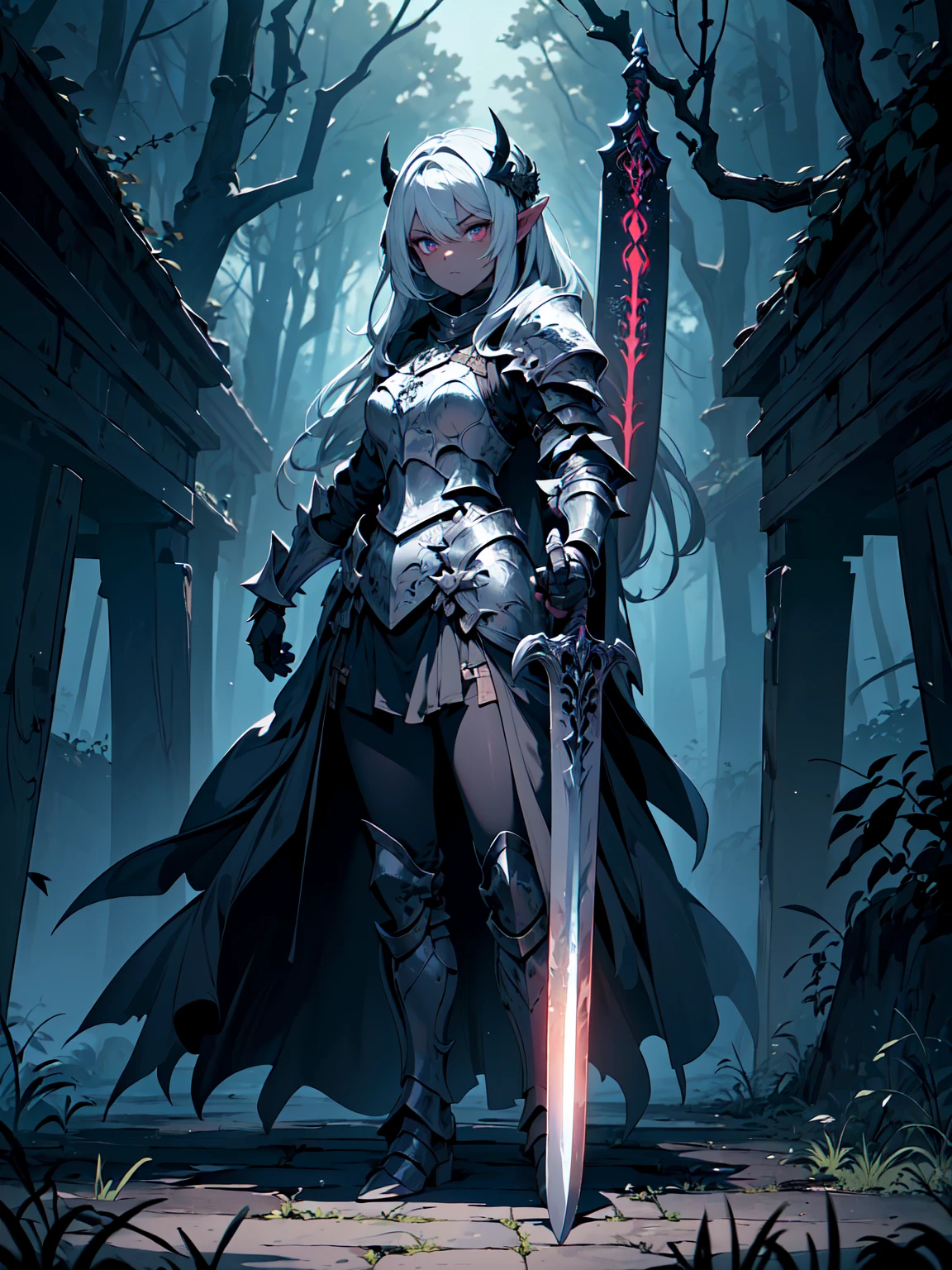 (((masterpiece, best quality, high detailed, 8k))) Design a layout showcase Gaming character, (1girl). Dark gray skin, fierce and otherworldly. ((showcase weapon:1.4)), cursed sword. (masterpiece:1.2), (best quality), 4k, ultra-detailed. (Step by step design, layout art:1.5), (eerie lighting, shadowy glow). demonic elf, ((glove full hands)), (((dark armor:1.3))), wicked spikes, armored leggings, (((full_body_shot:1.4))). {In a cursed forest}.