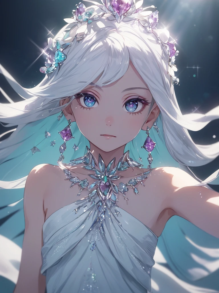 masterpiece, highest quality, figure, alexandrite eyes and hair, platinum earrings, Platinum Necklace, white dress, The Little Mermaid, cute, (dynamic lighting:1.2), cinematic lighting, delicate features, fine eyes, sharp pupils, realistic student, Depth of bounds written, Bokeh, sharp focus, (very detailed, bloom, shine:1.4), Many Small Gems