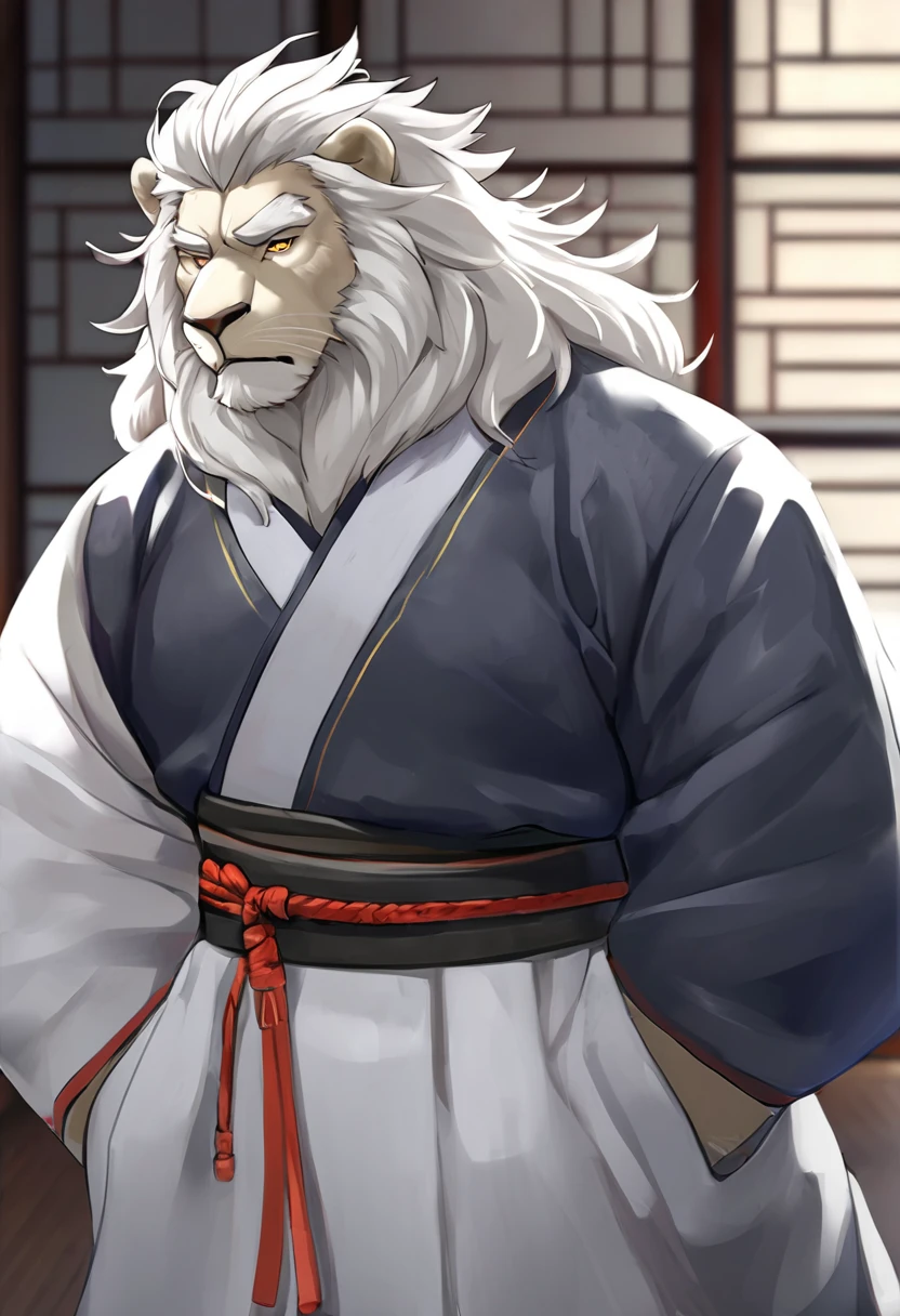 White lion,personification,Mature male,Strong Man,White hair,Cold expression,Golden pupils,Gray eyebrows,Hanfu,Hands in pockets,The Age of Martial Arts。