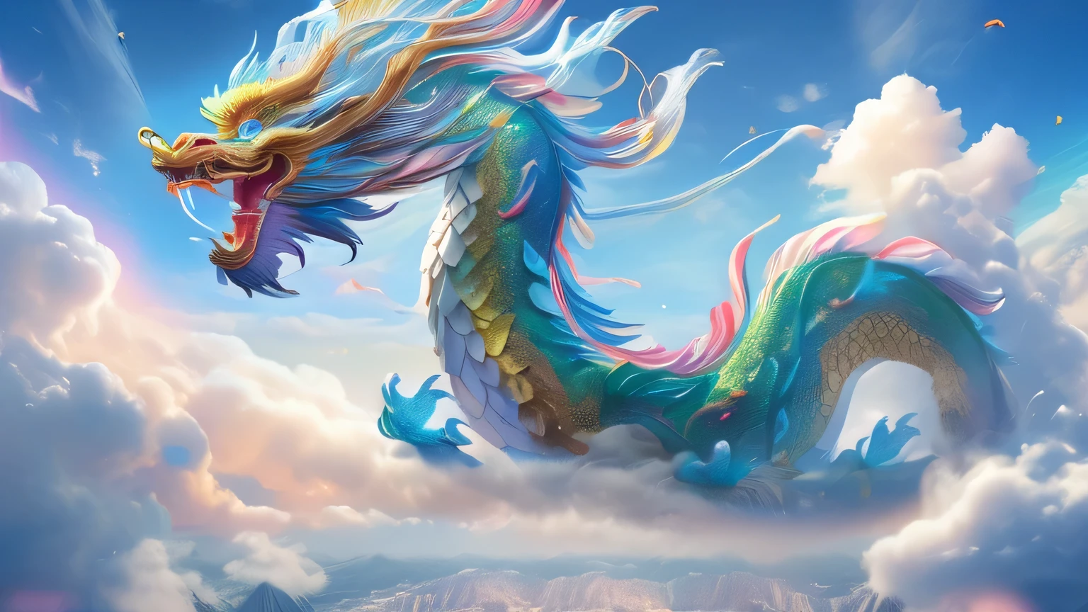A rainbow dragon rising from the sea of clouds、Carrying great happiness、Increased financial luck,Have a look at this、Perfect lighting、High definition、high resolution、High color rendering、High resolution、Surreal、Photo Real