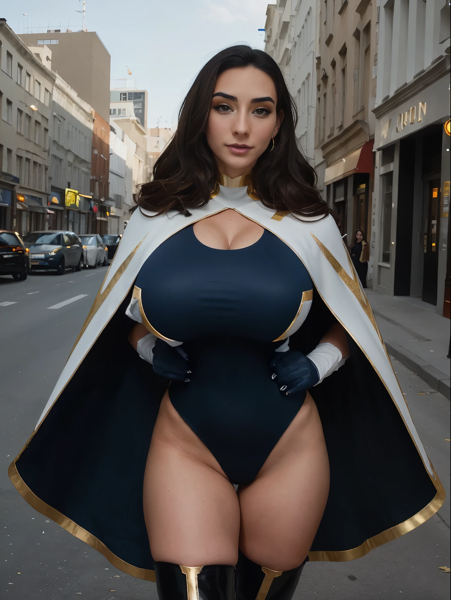 Gorgeous and sultry busty athletic (thin) brunette with sharp facial features wearing a white and gold superhero leotard, dark blue cape, gloves, thigh-high boots. Standing, city street. Muscle.