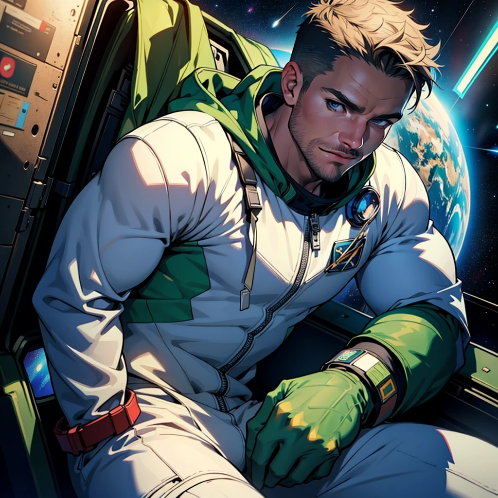 32k,masterpiece, best quality, detailed face, natural eyes,1man, solo mature man, muscled and mature, stephen amell as an astronaut wearing space suit, dark green suit, showing muscles and bulge ,floating in the space inside a space shuttle , with "arrow" text and logo on his suit , full body, intricate Detailed background