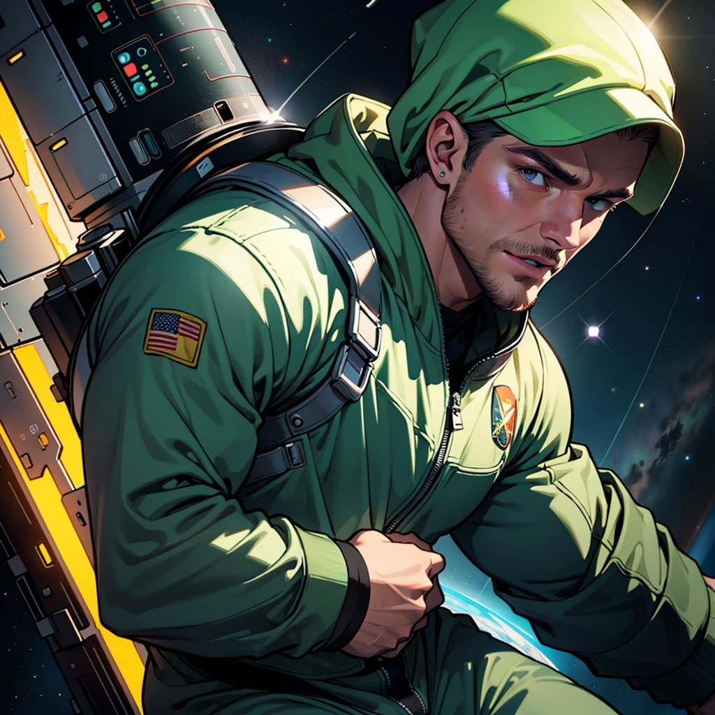 32k,masterpiece, best quality, detailed face, natural eyes,1man, solo mature man, muscled and mature, stephen amell as an astronaut wearing space suit, dark green suit, showing muscles and bulge ,floating in the space inside a space shuttle , with "arrow" text and logo on his suit , full body, intricate Detailed background