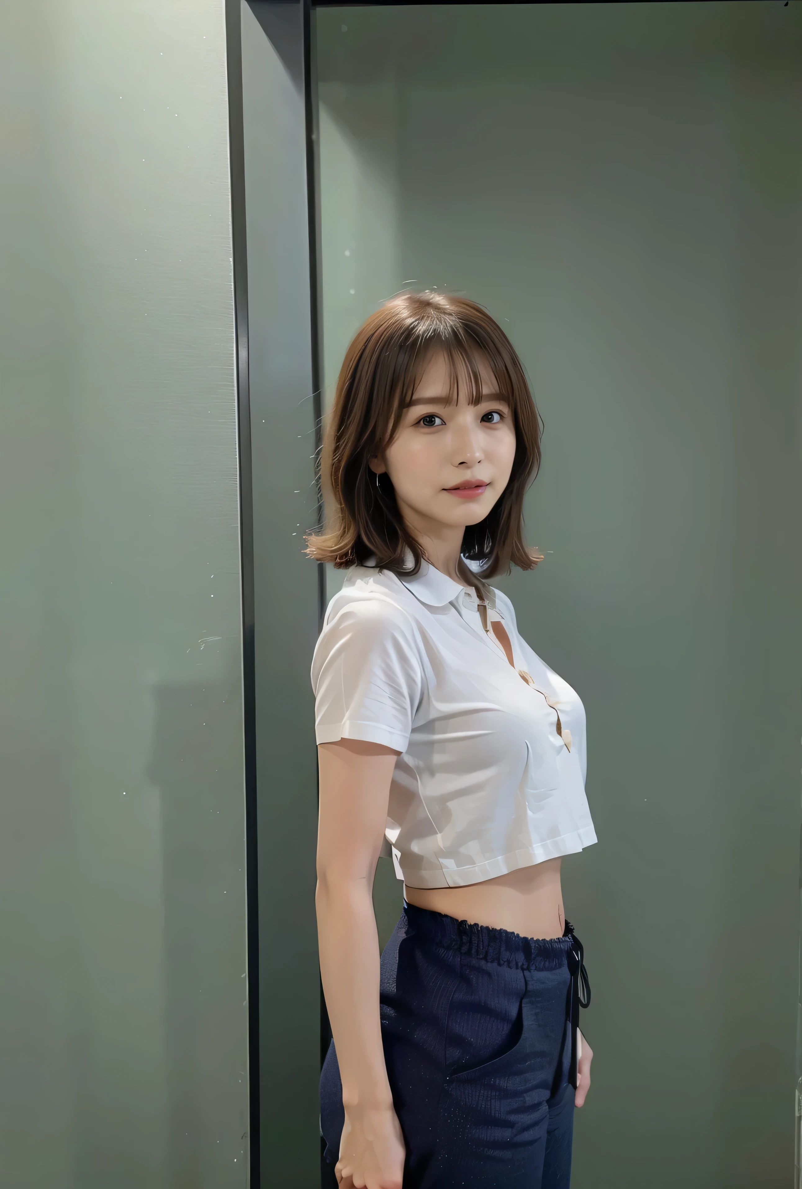 ((Are standing、Medium Short Hair、Big Breasts that can be seen even through clothes、Both hands are in front of the navel、A photo showing pants through a short polo shirt、roll up one's shirt with one's hands、She is wearing a white polo shirt and luxurious white panties.、:1.4))、In the living room、Cream hair color、Her huge breasts are obvious even through her clothes....、Small earrings、Light brown hair color、:1.4))、Shiny Hair、Light beige hair color、Background Blur、Light brown hair、{{Cowgirl Shot}}、((Close-up shot from the waist up、Big Breasts:1.4))、Big Breasts、Smile、Big Breasts that can be seen even through clothes、Cowboy Shot、A lovely smile、((Revealing clothing))、Full body photo、ring、Tuck your hair behind one ear、Silver Necklace、smile、Caustics、Highly detailed photos、Big Breasts、Super no makeup、(8K、RAW Photos、Highest quality、masterpiece:1.2)、(Realistic、Realistic)、1 Girl、((Big Breastsショートヘア、Looking into the camera:1.4))、Hair blowing in the wind