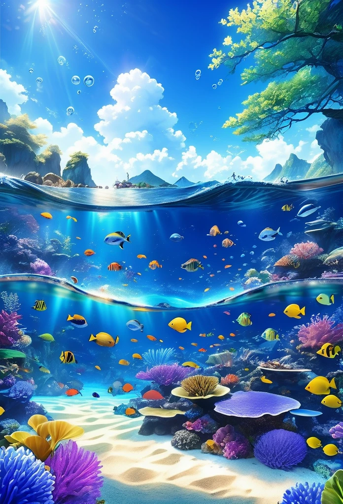 (panorama, center, masterpiece, highest quality: 1.2), (8K、Raw photo、highest quality、look up:1.2、masterpiece:1.2、Genuineistic、Ultra-high resolution、High Contrast、Photon Mapping、Genuine、Very detailed、Official Art, Raw photo、professional Lighting、 Light、Vivid atmosphere、twiceLight) , , In the sea。In the sea,々Bubbles are bubbling。Different types、Colorful tropical fish swimming。You can see the corals and underwater plants。Primary color shades。Rainbow-colored。Green algae or seaweed。Even though it's underwater、As if you were on the ground。Captivating natural beauty,Shining Star Fragment, An atmosphere that exudes the excitement of adventure。An atmosphere that makes you feel happy and joyful。High Fantasy Worldview, Beautiful depiction of grand composition and proportions, Rainbow-colored light and silvery vapor guardian nebula, Corrosive Encirclement Ray Family Color, Slimy air,
