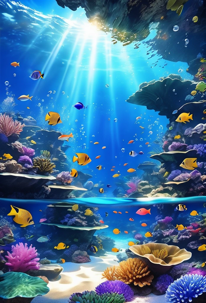 (panorama, center, masterpiece, highest quality: 1.2), (8K、Raw photo、highest quality、look up:1.2、masterpiece:1.2、Genuineistic、Ultra-high resolution、High Contrast、Photon Mapping、Genuine、Very detailed、Official Art, Raw photo、professional Lighting、 Light、Vivid atmosphere、twiceLight) , , In the sea。In the sea,々Bubbles are bubbling。Different types、Colorful tropical fish swimming。You can see the corals and underwater plants。Primary color shades。Rainbow-colored。Green algae or seaweed。Even though it's underwater、As if you were on the ground。Captivating natural beauty,Shining Star Fragment, An atmosphere that exudes the excitement of adventure。An atmosphere that makes you feel happy and joyful。High Fantasy Worldview, Beautiful depiction of grand composition and proportions, Rainbow-colored light and silvery vapor guardian nebula, Corrosive Encirclement Ray Family Color, Slimy air,