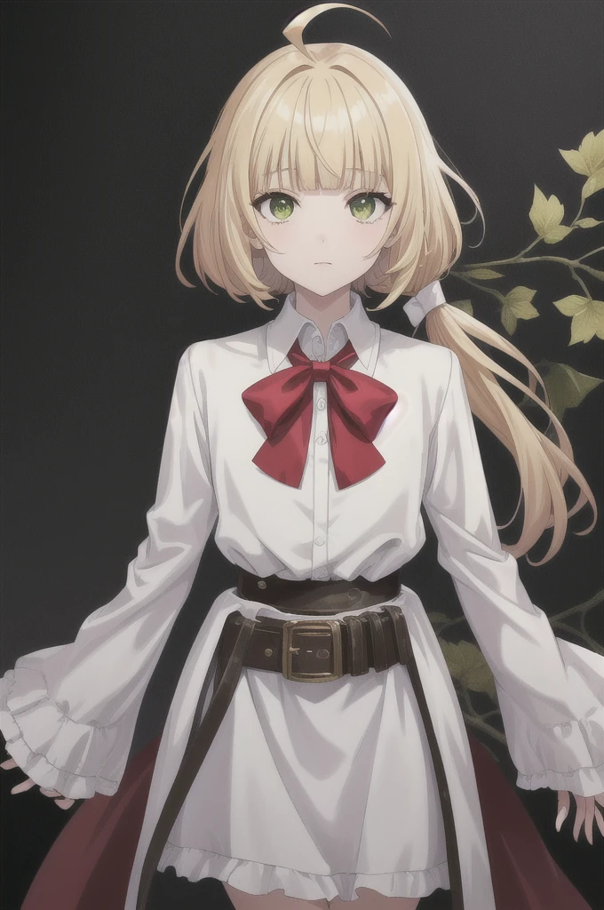 score_9, score_8_superior, score_7_superior, sauce_anime,
One girl, View your viewers, Portraiture,
Norn_Greyrat, bangs, Blonde, Long Hair, Yellow-green eyes, Ahoge, Side Lock, blunt bangs, Hair flap, Low Ponytail,10years old,
Long sleeve, Red bow tie, White shirt, , belt, ,
break masterpiece ,8k unity wallpaper,anime key visual,highest quality, High resolution,  (shape:0.8),anime coloring,
highly detailed face, detailed eyes,growing eyes,shiny skin,fine skin,white skin,dense skin,detailed hair,highly detailed legs,
perfect lighting, Detailed CG, 
(perfect hands, perfect anatomy),High resolution,
Break slender limbs, delicate curves, dainty hands,figure:0.8,