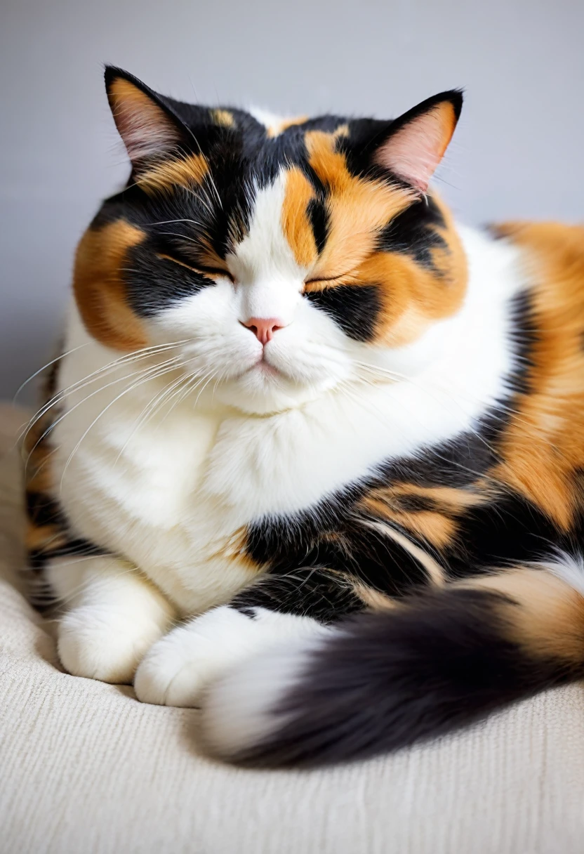 Adorable fat calico cat　On the cushion　Sleeping on one&#39;s back in pajamas