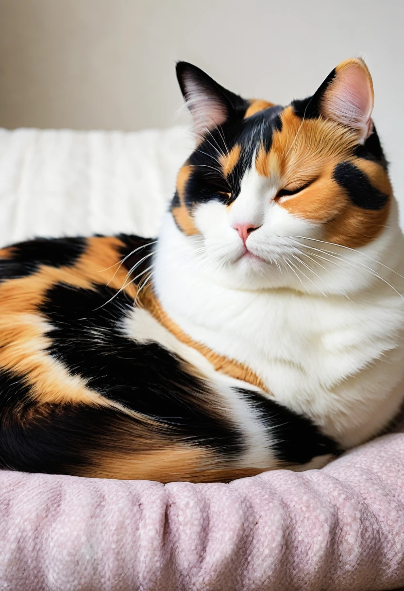 Adorable fat calico cat　On the cushion　Sleeping on one&#39;s back in pajamas