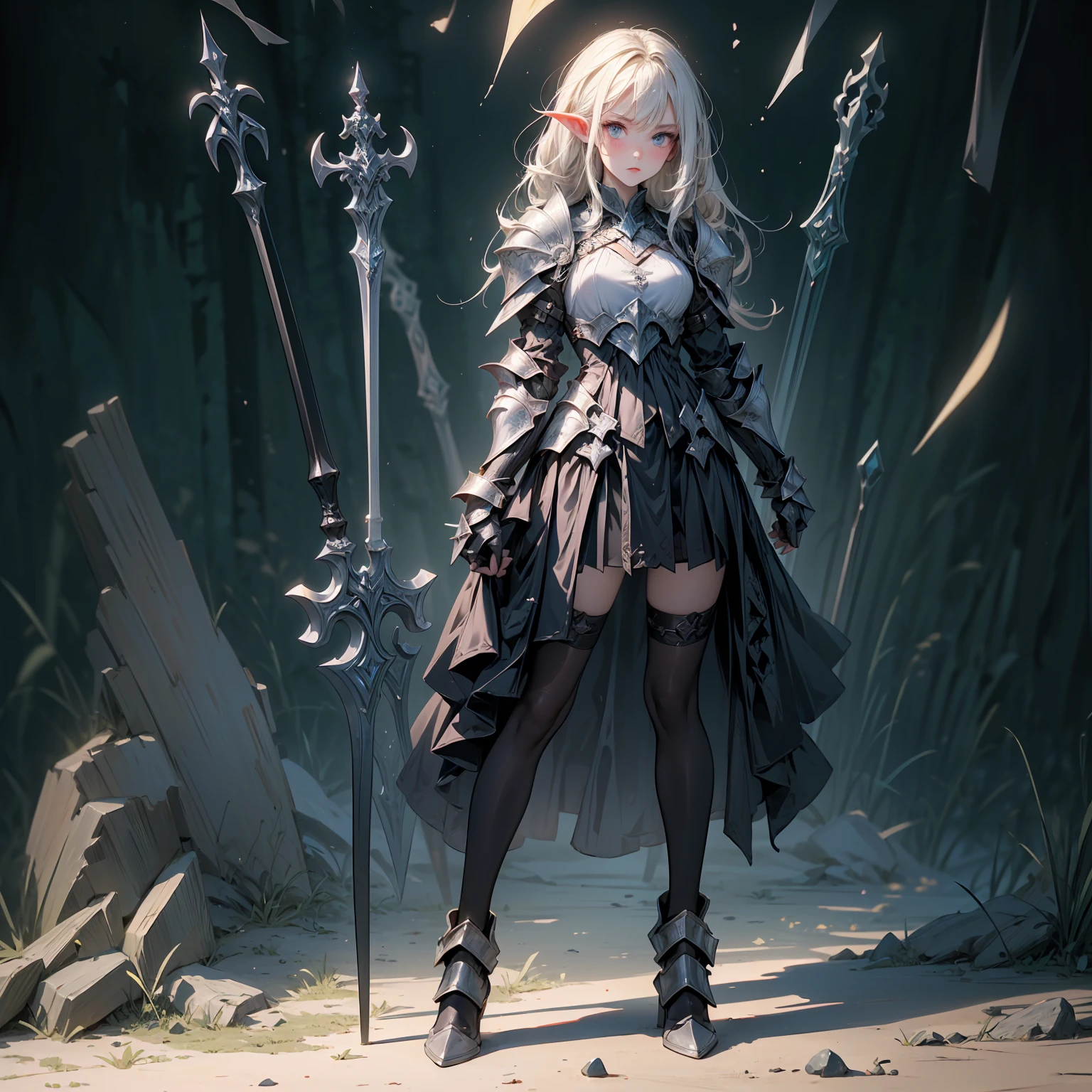 (((masterpiece, best quality, high detailed, 8k))) Design a layout showcase Gaming character, (1girl). Dark gray skin, fierce and otherworldly. ((showcase weapon:1.4)), cursed sword. (masterpiece:1.2), (best quality), 4k, ultra-detailed. (Step by step design, layout art:1.5), (eerie lighting, shadowy glow). demonic elf, ((glove full hands)), (((dark armor:1.3))), wicked spikes, armored leggings, (((full_body_shot:1.4))). {In a cursed forest}.