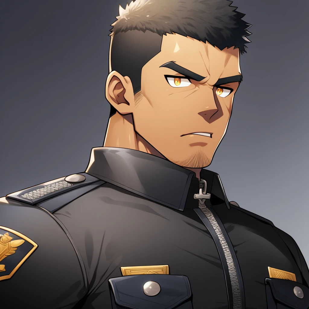 anime characters：Gyee, Muscular male police officer, ????? black skin, Dark-skinned male police officer, Manliness, male focus, Dark  Black Tight-fitting police uniform, Black tight T-shirt with a high collar, Very tight, Round, full and perky chest muscles, Slightly transparent, muscular male, muscular, only, Upper body, alone, Black short hair, Thick eyebrows, stubble, Yellow eyes, Grey background, simple background, amazing quality, best aesthetics, Ridiculous, bright pupils, crew cut, parted lips, v-shaped eyebrows, jitome, frown, best quality