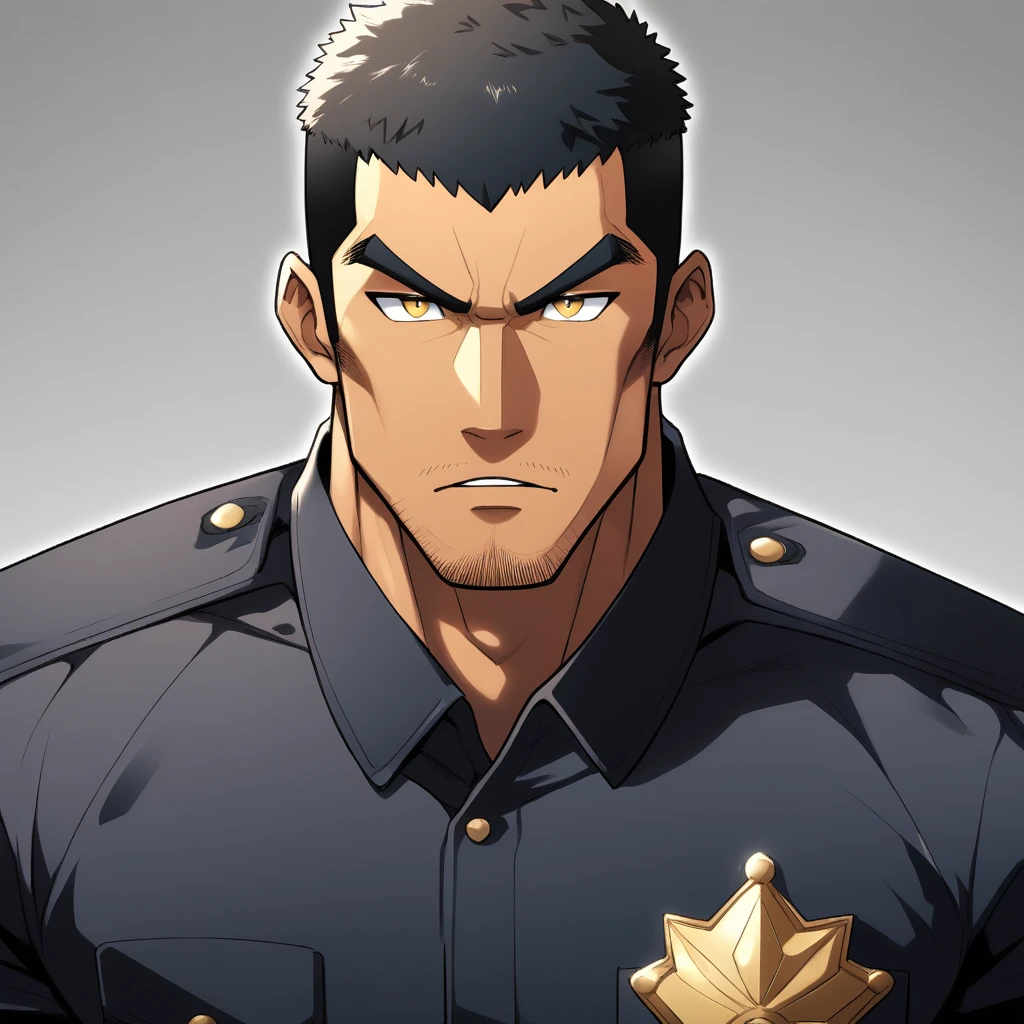 anime characters：Gyee, Muscular male police officer, negro black skin, Dark-skinned male police officer, Manliness, male focus, Dark  Black Tight-fitting police uniform, Black tight T-shirt with a high collar, Very tight, Round, full and perky chest muscles, Slightly transparent, muscular male, muscular, only, Upper body, alone, Black short hair, Thick eyebrows, stubble, Yellow eyes, Grey background, simple background, amazing quality, best aesthetics, Ridiculous, bright pupils, crew cut, parted lips, v-shaped eyebrows, jitome, frown, best quality