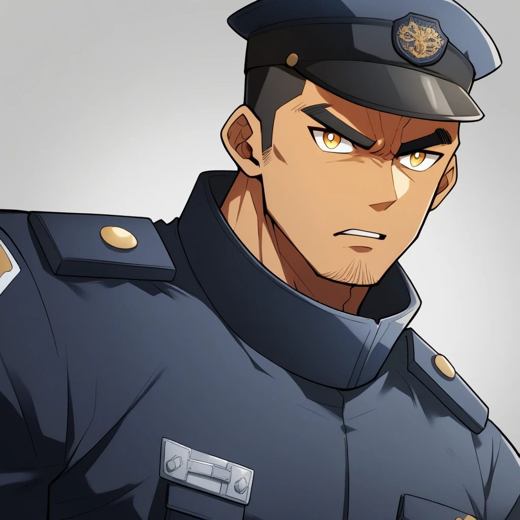 anime characters：Gyee, Muscular male police officer, negro black skin, Dark-skinned male police officer, Manliness, male focus, Dark  Black Tight-fitting police uniform, Black tight T-shirt with a high collar, Very tight, Round, full and perky chest muscles, Slightly transparent, muscular male, muscular, only, Upper body, alone, Black short hair, Thick eyebrows, stubble, Yellow eyes, Grey background, simple background, amazing quality, best aesthetics, Ridiculous, bright pupils, crew cut, parted lips, v-shaped eyebrows, jitome, frown, best quality