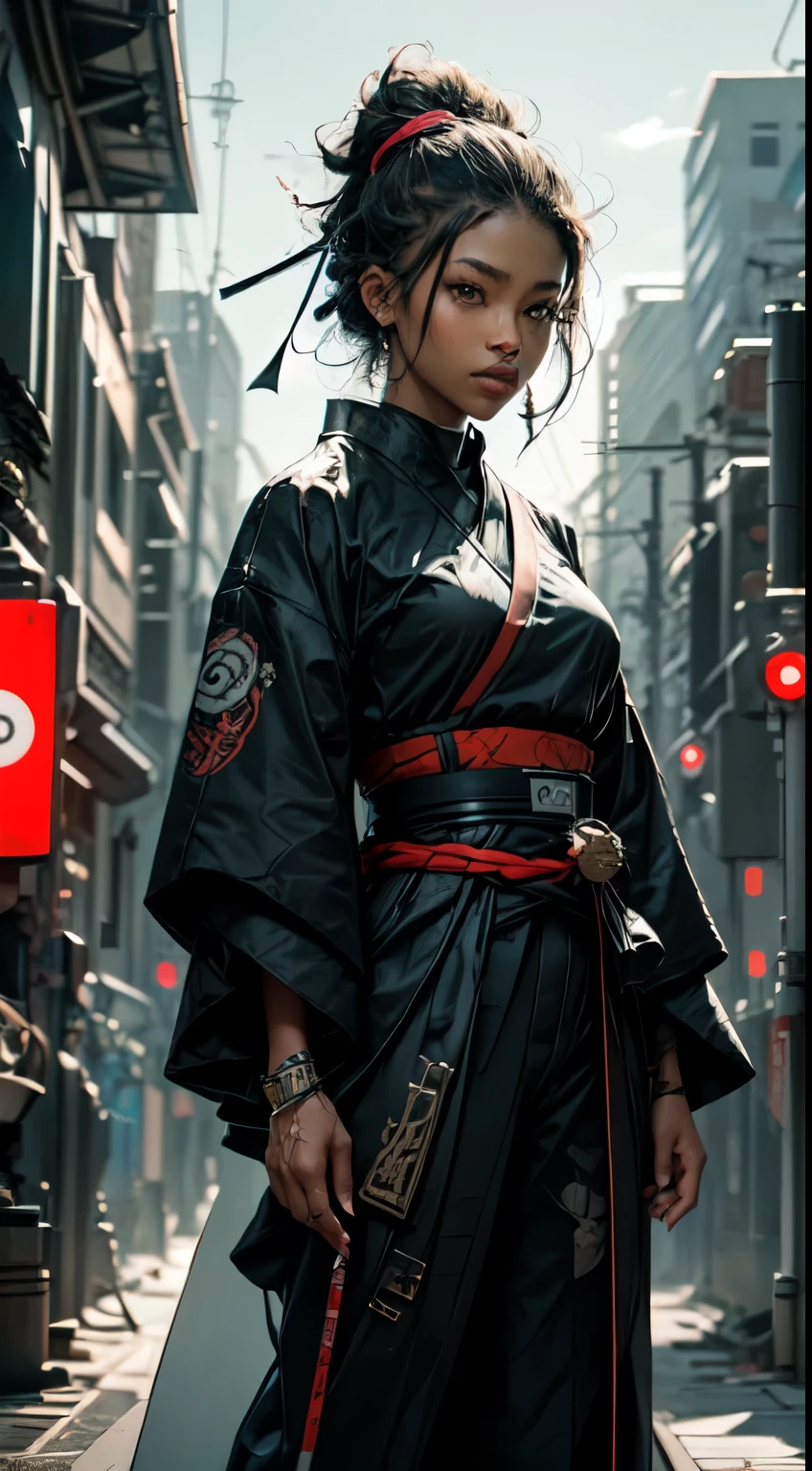 "Beautiful black woman, exuberant and dressed in high-quality Afrosamurai Techwear clothing, in a futuristic and cool setting, with neon lights and contrasting shadows."