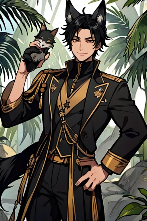 A handsome black haired foxman with golden eyes with black fox ears and a black fox tail in a pirate's uniform is exploring a tropical jungle with a big smile
