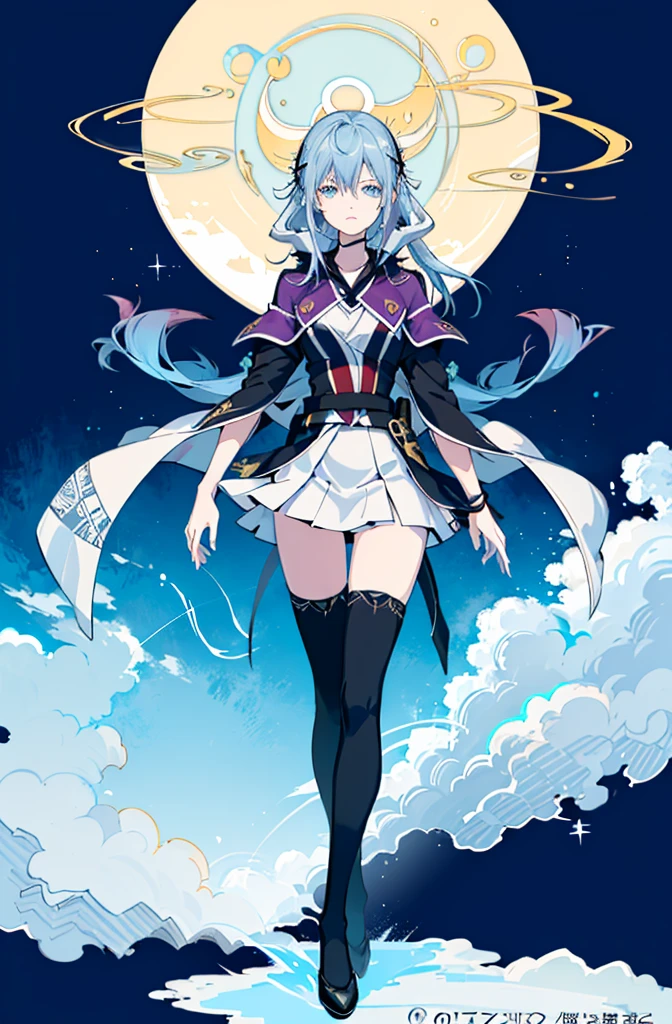 1girl,  solo, outdoors, long hair, holy place, Original,(Illustration:1.1),(Best Quality),(masutepiece:1.1),(the Extremely Detailed CG Unity 8K Wallpapers:1.1), (Colorful:0.9),(mid-shot:0.95),(extremely detailed beautiful face),(Solo:1.2), (girl),(((Lori))), (Detailed beautiful eyes:1.15), (Beautiful face:1.15), (Glowing blue eyes:1.25////),(((sky blue Long Hair))),(two side up),(+perfect hand+:1.21),(Draw illustration of Japan priestess costume),(slender),(White pleated skirt),(Gothic),((black thighhighs)),(frilld),(Beautiful Slender Lolita Girl),hallowween,standing, girl,10 years old,  girl,foggy place,vampire,sky blue hair,((full body,whole body)),((black thighhighs)),((black thighhighs)),((white japan priestess costume)),((white japan priestess costume)),((white japan priestess costume)),white clothes,