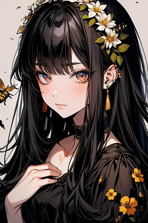 girl with long black hair and brown eyes, cute, charismatic, floral dress with bees  , jasmine flowers, portrait 